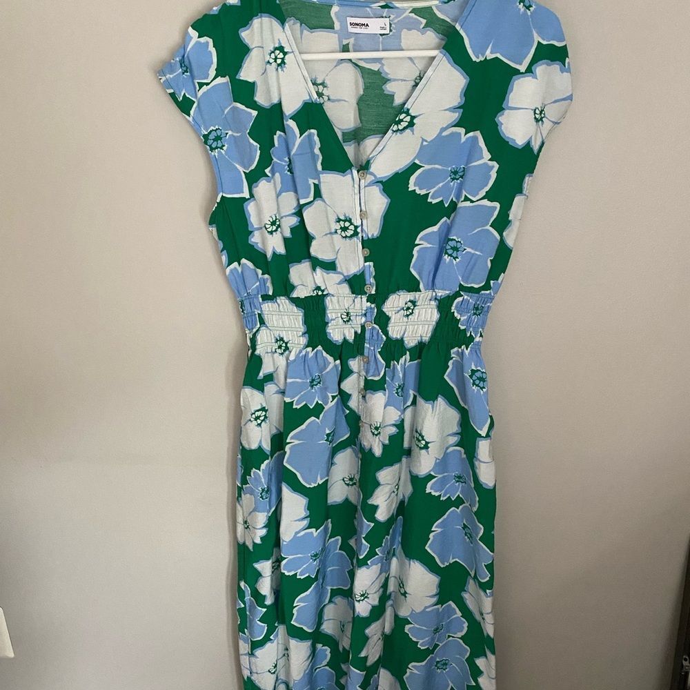 Sonoma Green Floral Midi Dress – Short Sleeve – NWOT – Size Large